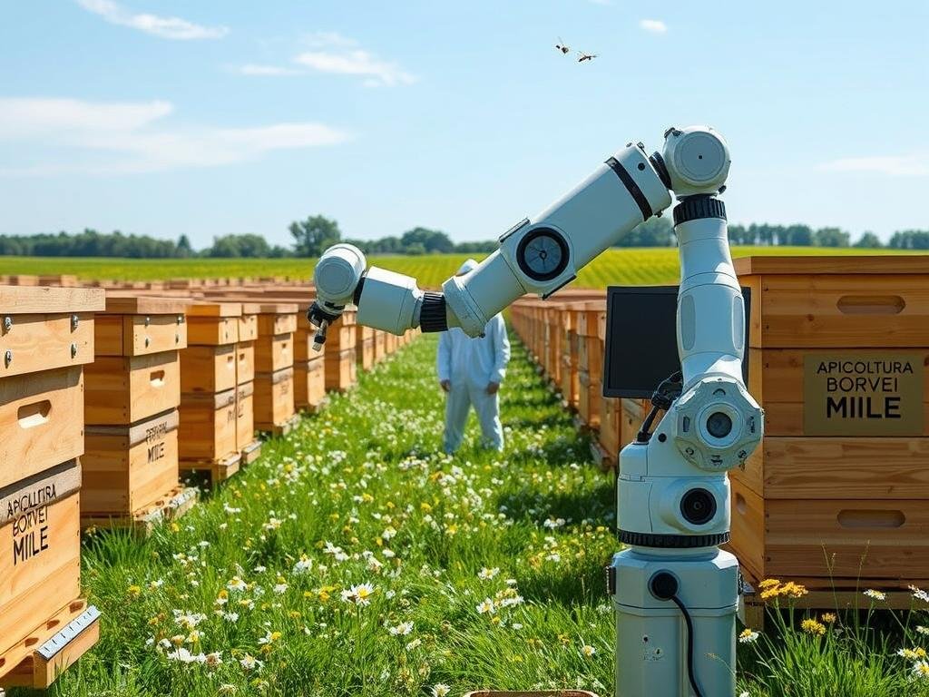 A large, well-lit apiary with multiple wooden beehives arranged in neat rows. The hives have the "APICOLTURA BORVEI MIELE" branding prominently displayed. In the foreground, a robotic arm carefully inspects the interior of one of the hives, equipped with sensors and cameras to monitor the health and activity of the bees. In the middle ground, two technicians in protective gear stand by, overseeing the remote management of the apiary through a nearby control panel. The background features a lush, green meadow dotted with wildflowers, with a clear blue sky overhead, conveying a sense of natural harmony. The overall scene evokes a futuristic, yet eco-friendly approach to beekeeping, where technology and nature coexist in a mutually beneficial relationship.