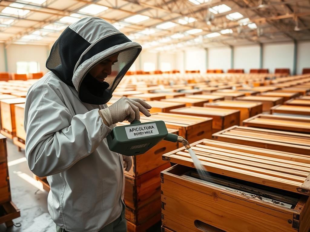 A large, well-lit indoor apiary with wooden hives and frames, showcasing the process of hive sanitation. In the foreground, a beekeeper in protective gear carefully inspects and treats the hives with a specialized sanitation device, labeled "APICOLTURA BORVEI MIELE". The middle ground features rows of neatly arranged hives, while the background depicts the spacious and clean apiary environment, with natural lighting flooding the scene. The overall mood is one of precision, care, and the importance of maintaining a healthy, sanitized apiary for the well-being of the bee colony. A large, well-lit indoor apiary with wooden hives and frames, showcasing the process of hive sanitation. In the foreground, a beekeeper in protective gear carefully inspects and treats the hives with a specialized sanitation device, labeled "APICOLTURA BORVEI MIELE". The middle ground features rows of neatly arranged hives, while the background depicts the spacious and clean apiary environment, with natural lighting flooding the scene. The overall mood is one of precision, care, and the importance of maintaining a healthy, sanitized apiary for the well-being of the bee colony.