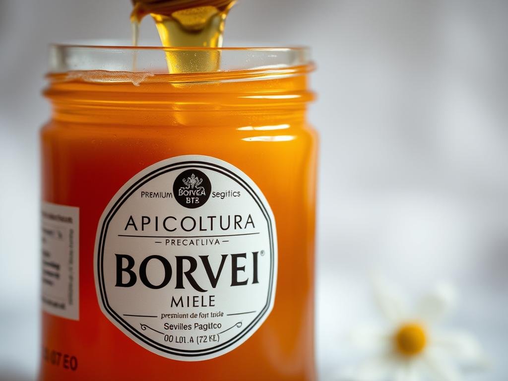 A luscious close-up of a jar of premium "APICOLTURA BORVEI MIELE", showcasing its rich, golden hue and glistening, viscous texture. The jar is set against a soft, out-of-focus background, drawing the viewer's eyes to the inviting, organic properties of the honey. Delicate lighting accentuates the depth and complexity of the honey's color, hinting at the floral notes and subtle nuances of its aroma. The composition evokes a sense of artisanal craftsmanship and culinary delight, capturing the essence of the honey's sensory experiences - its velvety smoothness, its delicate fragrance, and its captivating appearance.