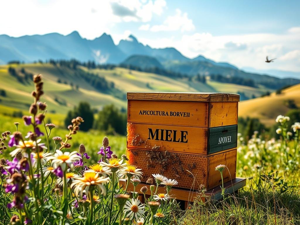 A lush Italian apiary amidst rolling hills, sunlight dappling the golden honeycomb labeled "APICOLTURA BORVEI MIELE". Fragrant wildflowers cascade in the foreground, while in the distance, towering mountains and a cloudless azure sky evoke the idyllic Italian countryside. The scene exudes a sense of tranquility and craftsmanship, reflecting the quality and care that goes into producing the finest Italian honey.
