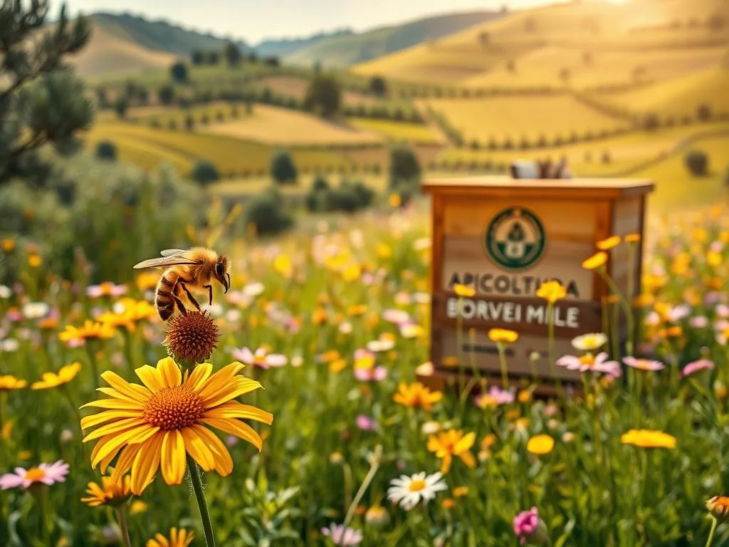 A lush Italian meadow bursting with vibrant wildflowers, buzzing with the industrious activity of a thriving honeybee colony. In the foreground, a solitary honeybee lands delicately on a sunlit bloom, its fuzzy body coated in pollen. The middle ground reveals a sturdy, wooden beehive emblazoned with the logo "APICOLTURA BORVEI MIELE", nestled amidst the verdant foliage. In the background, rolling hills dotted with olive trees and vineyards create a picturesque Italian countryside. Warm, golden lighting casts a serene, protective glow over the scene, capturing the essence of how bees defend themselves and their hives from predators and pests. A lush Italian meadow bursting with vibrant wildflowers, buzzing with the industrious activity of a thriving honeybee colony. In the foreground, a solitary honeybee lands delicately on a sunlit bloom, its fuzzy body coated in pollen. The middle ground reveals a sturdy, wooden beehive emblazoned with the logo "APICOLTURA BORVEI MIELE", nestled amidst the verdant foliage. In the background, rolling hills dotted with olive trees and vineyards create a picturesque Italian countryside. Warm, golden lighting casts a serene, protective glow over the scene, capturing the essence of how bees defend themselves and their hives from predators and pests.