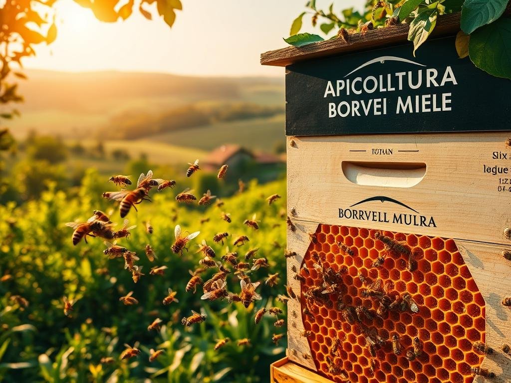 A lush and verdant bee hive, the APICOLTURA BORVEI MIELE brand prominently displayed. In the foreground, a swarm of industrious honey bees buzzing around the entrance, their intricate wings carrying nectar and pollen. The middle ground reveals the intricate honeycomb structure, golden and glistening, a testament to the bees' tireless work. The background showcases a pastoral Italian landscape, rolling hills and lush vegetation bathed in warm, golden sunlight. The scene exudes a sense of harmony and abundance, capturing the natural beauty and productivity of the beekeeping process.