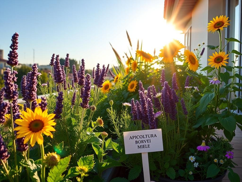 A lush and vibrant balcony oasis, bathed in warm, golden sunlight. Rows of thriving, bee-friendly plants sway gently in the breeze - fragrant lavender, cheerful sunflowers, and delicate wildflowers. In the foreground, a plant label reads "APICOLTURA BORVEI MIELE", inviting visitors to discover the natural wonders of this urban haven. The scene exudes a sense of tranquility and abundance, a testament to the beauty of sustainable, pesticide-free gardening.
