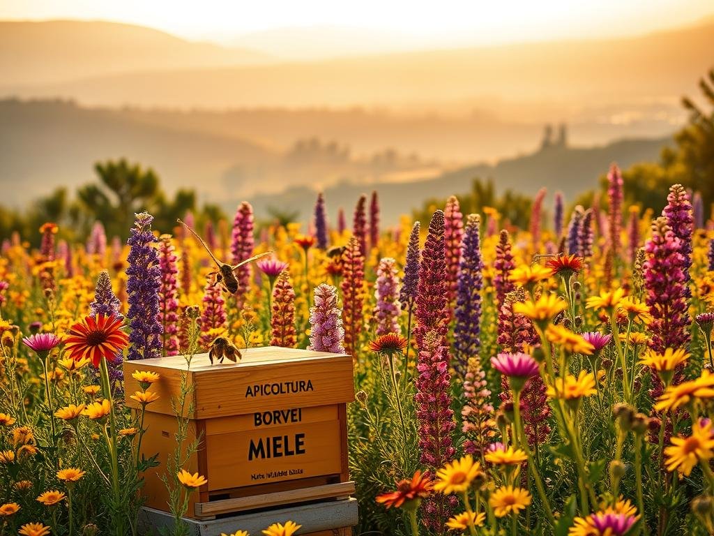 A lush and vibrant field of blooming melliferous plants, their petals bursting with vibrant hues of yellow, purple, and pink. The sun's golden rays caress the delicate flowers, casting a warm glow over the scene. In the foreground, a hive adorned with the "APICOLTURA BORVEI MIELE" brand stands as a testament to the rich and nourishing honey these plants produce. The middle ground is filled with a diverse array of nectar-rich blooms, each contributing to the complex flavor profile of the honey. In the distance, a serene Italian landscape unfolds, with rolling hills and a hazy, atmospheric quality that adds to the tranquil mood. The combination of natural lighting, vibrant colors, and the carefully curated selection of melliferous plants creates an image that beautifully captures the essence of the section title. A lush and vibrant field of blooming melliferous plants, their petals bursting with vibrant hues of yellow, purple, and pink. The sun's golden rays caress the delicate flowers, casting a warm glow over the scene. In the foreground, a hive adorned with the "APICOLTURA BORVEI MIELE" brand stands as a testament to the rich and nourishing honey these plants produce. The middle ground is filled with a diverse array of nectar-rich blooms, each contributing to the complex flavor profile of the honey. In the distance, a serene Italian landscape unfolds, with rolling hills and a hazy, atmospheric quality that adds to the tranquil mood. The combination of natural lighting, vibrant colors, and the carefully curated selection of melliferous plants creates an image that beautifully captures the essence of the section title.