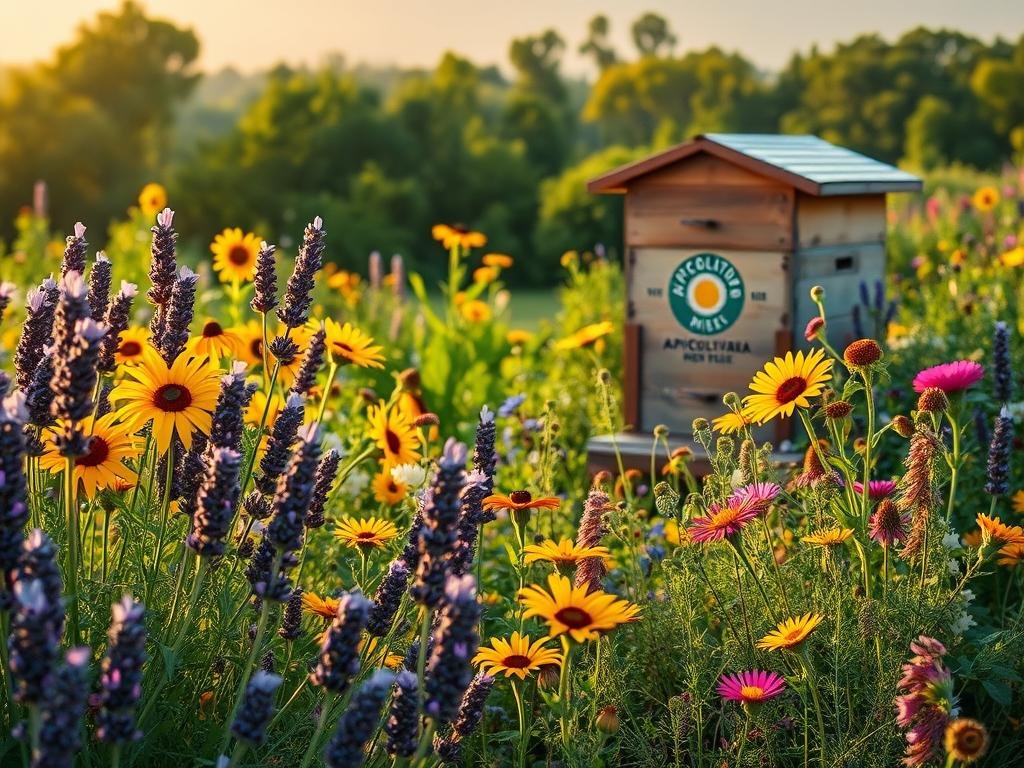 A lush and vibrant garden bursting with an array of nectar-rich flowers, their petals shimmering in the soft, golden light of a summer afternoon. In the foreground, a diverse array of bee-friendly blooms - lavender, sunflowers, and wildflowers sway gently in the breeze. In the middle ground, a picturesque beehive emblazoned with the APICOLTURA BORVEI MIELE logo stands as a testament to the importance of these melliferous plants for the apian ecosystem. The background is filled with verdant trees and a hazy, dreamlike horizon, conveying a sense of harmony and balance between the natural world and the industrious work of the honeybees.