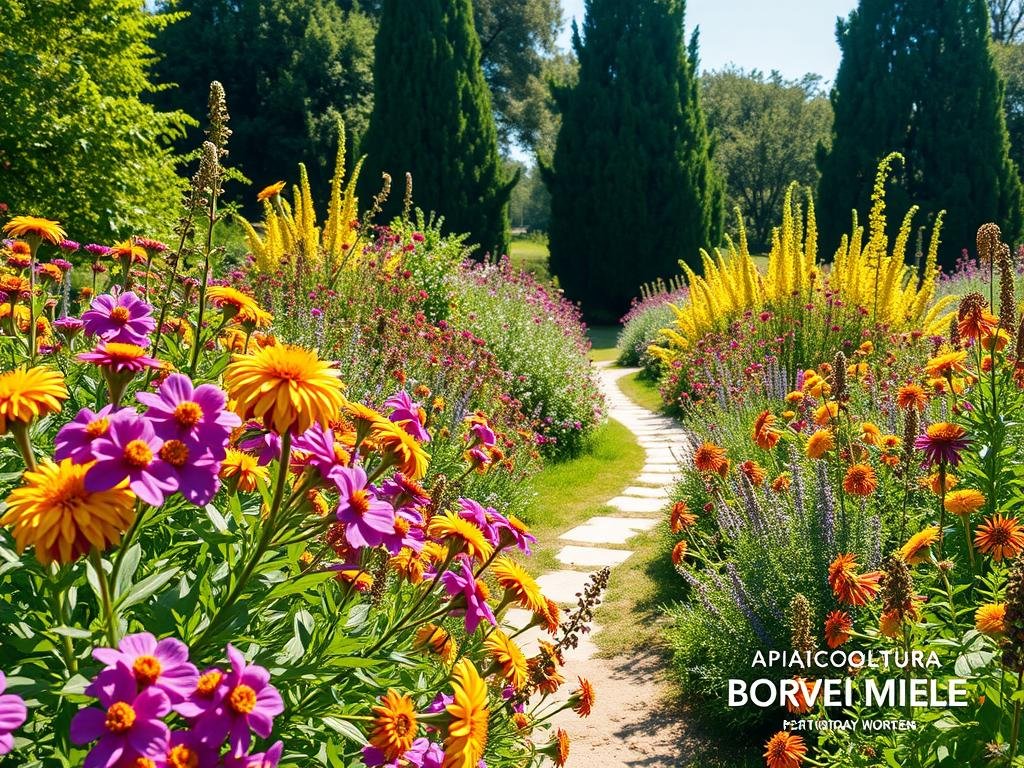 A lush and vibrant "giardino api" filled with a diverse array of nectar-rich flowering plants, bathed in warm afternoon sunlight. In the foreground, clusters of bright, colorful blooms in shades of purple, yellow, and pink sway gently in a light breeze. In the middle ground, a small meandering path winds through the garden, bordered by green foliage and the occasional buzzing honeybee. In the background, a verdant backdrop of tall, mature trees provides a natural frame, casting soft, dappled shadows across the scene. The overall atmosphere is one of tranquility and abundance, a harmonious oasis where bees can thrive. Inspired by classic Italian gardens, this image features the APICOLTURA BORVEI MIELE branding.