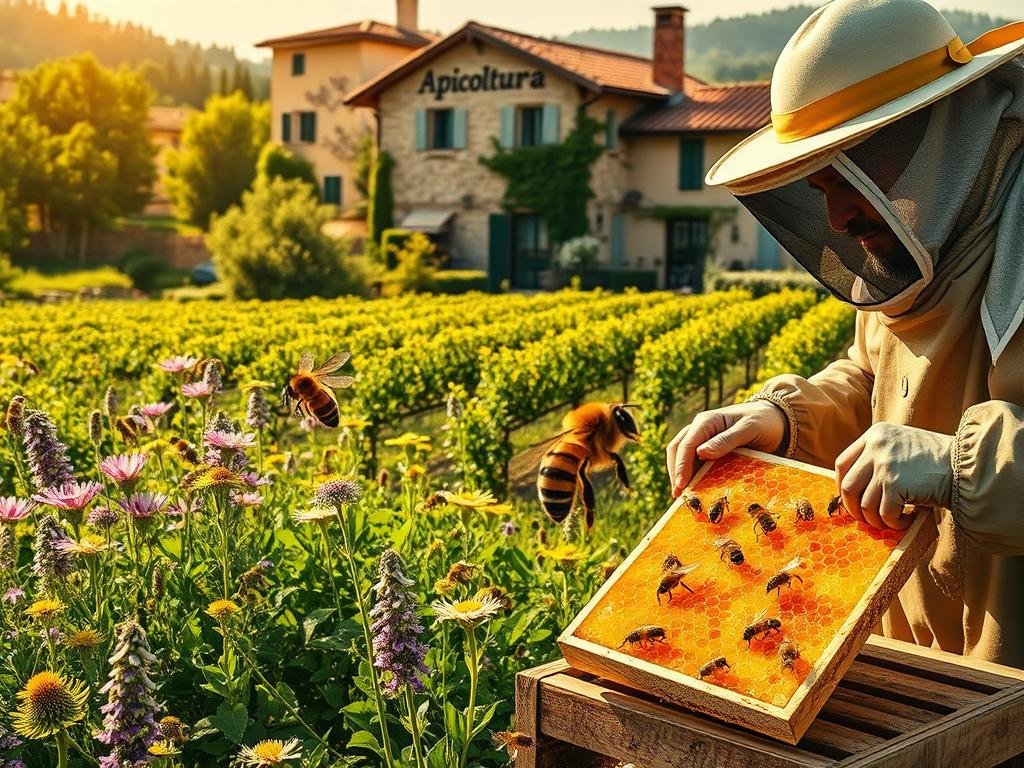 A lush, bucolic Italian countryside scene depicting the vital role of honeybees in food production. In the foreground, a beekeeper in traditional attire examines a honeycomb, surrounded by vibrant wildflowers and buzzing Apis. In the middle ground, rows of verdant crops sway gently, representing the essential pollination provided by the industrious bees. The background features a quaint, historic farmhouse with "Apicoltura" written on its facade, signifying the age-old tradition of beekeeping. The scene is bathed in warm, golden sunlight, conveying a sense of harmony and abundance. The overall composition celebrates the symbiotic relationship between honeybees and the land, highlighting their fundamental contribution to the production of bountiful, nutritious food.