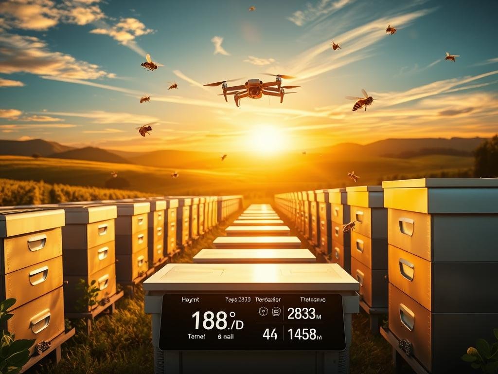 A lush, digital apiary set against a backdrop of rolling hills and a vibrant, cloudless sky. Rows of sleek, modern beehives stand in orderly formation, their surfaces gleaming with a metallic sheen. Drones and honeybees flit between the hives, their movements captured in a soft, ethereal blur. In the foreground, a display panel showcases real-time data on temperature, humidity, and honey production, the APICOLTURA BORVEI MIELE logo prominently featured. Warm, golden lighting filters through the scene, casting a serene, optimistic glow and highlighting the harmonious integration of nature and technology.