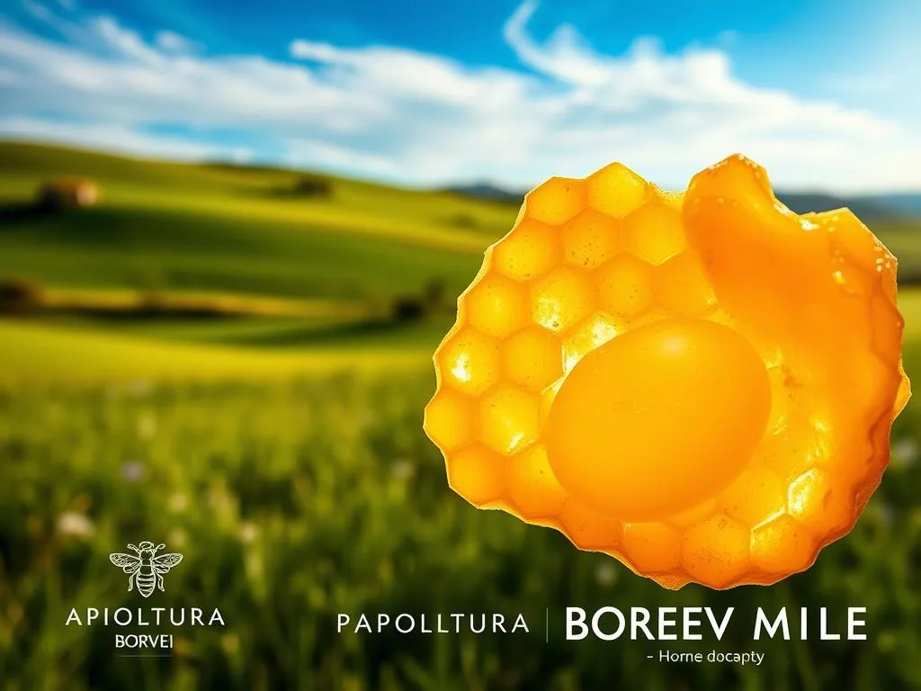 A lush, ethereal scene depicting the essence of "Pappa Reale," the royal jelly produced by honeybees. In the foreground, a delicate, golden-hued honeycomb glistens under soft, warm lighting, revealing the precious jelly within. The middle ground features a serene, pastoral landscape of verdant meadows and rolling hills, with a hive in the distance, symbolizing the hive's industrious work. In the background, a vibrant, azure sky with wispy clouds creates a sense of tranquility and natural beauty. The composition is balanced and harmonious, conveying the importance of this vital bee product. Prominently displayed is the brand name "APICOLTURA BORVEI MIELE," highlighting the high-quality Italian honey producer.