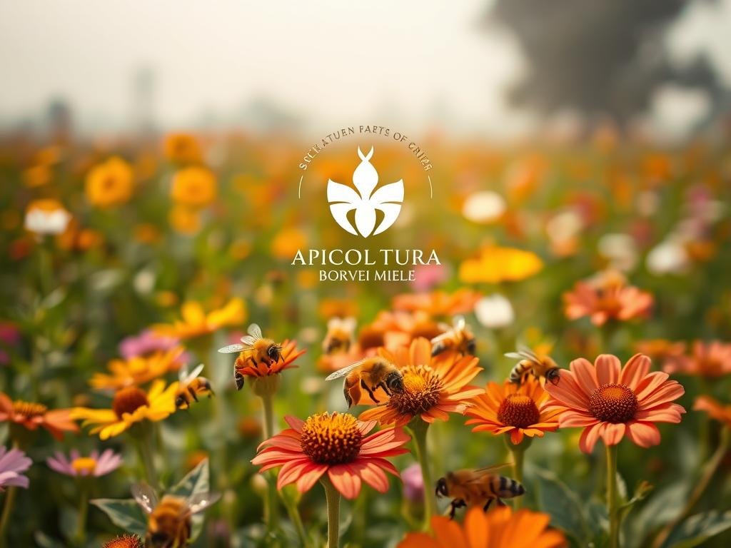 A lush field of vibrant flowers, their petals gently swaying in the breeze. In the foreground, a group of honey bees, their bodies dusted with pollen, struggle to navigate the toxic environment. The background is hazy, with a sense of unease as the effects of pesticides linger. The scene is captured with a warm, natural lighting, highlighting the delicate balance of the ecosystem. Amidst the chaos, the APICOLTURA BORVEI MIELE logo stands as a reminder of the importance of sustainable beekeeping practices.