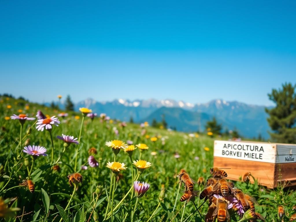 A lush, foliage-filled meadow, with a vibrant blue sky overhead. In the foreground, a colony of honeybees tending to their hive, their golden bodies and delicate wings in sharp focus. The hive is prominently displaying the logo "APICOLTURA BORVEI MIELE". In the middle ground, a series of blooming wildflowers in shades of purple, yellow, and white sway gently in a warm breeze. In the distant background, a line of towering mountains, their peaks capped with snow, create a majestic and serene backdrop. The overall atmosphere is one of harmony, resilience, and the delicate balance between nature and the hardworking bees that sustain it.