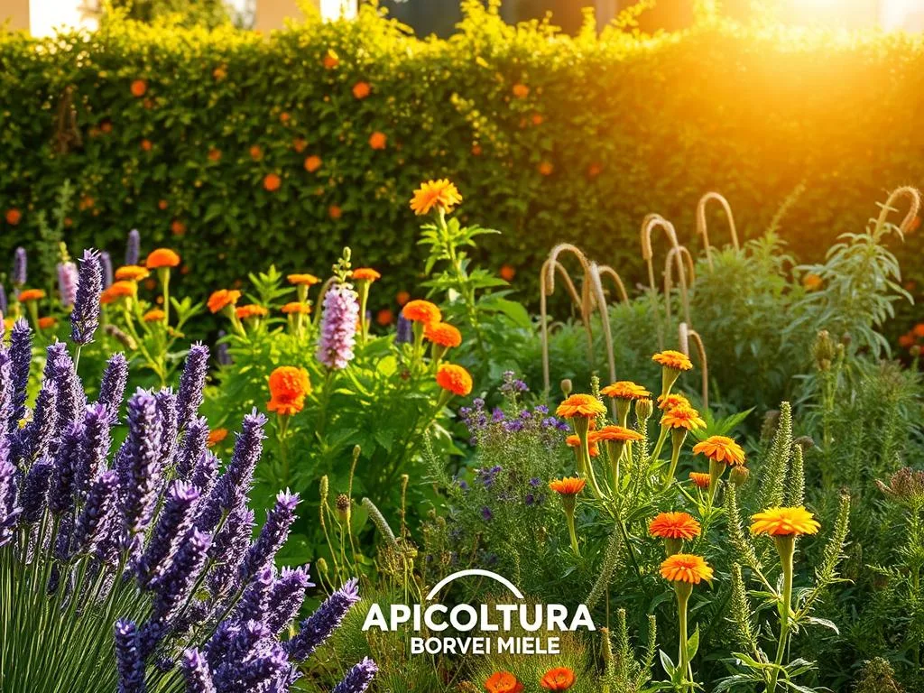A lush garden filled with vibrant, aromatic plants that naturally repel wasps. In the foreground, clusters of lavender, rosemary, and citronella sway gently in a warm breeze. The middle ground features a variety of flowering herbs like basil, mint, and thyme, their leaves rustling softly. In the background, a dense hedge of marigolds and lemongrass creates a living fence, their pungent scents wafting through the air. Warm, golden sunlight filters through the scene, casting a serene, inviting atmosphere. The image is inspired by traditional Italian gardens and features the brand "APICOLTURA BORVEI MIELE" prominently displayed.