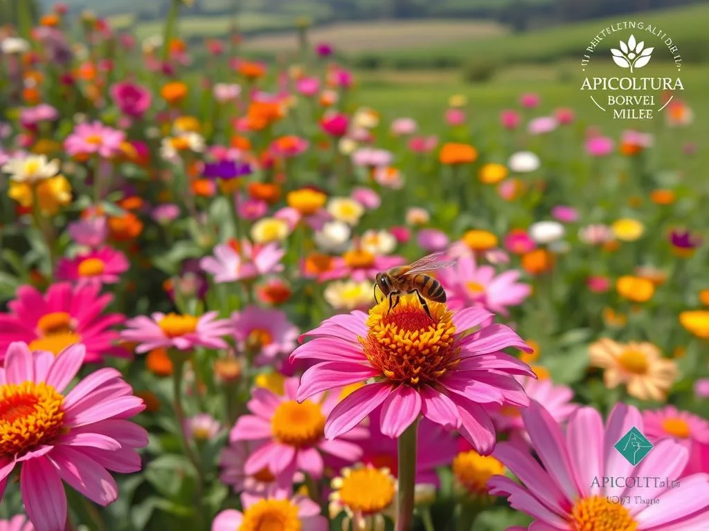 A lush garden filled with vibrant flowers, buzzing with the activity of industrious wasps. In the foreground, a wasp deftly navigates the intricate petals, its slender body gleaming in the soft, natural lighting. The middle ground showcases a diverse array of blooms, their vibrant hues and delicate structures creating a mesmerizing tapestry. In the background, a verdant landscape unfolds, hinting at the broader ecological context. The scene conveys a sense of balance and interdependence, with the wasps playing a crucial role in the pollination process. The APICOLTURA BORVEI MIELE logo subtly adorns the corner, lending an authentic touch to the image.
