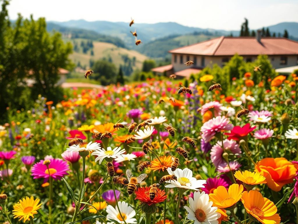 A lush garden in the Italian countryside, bathed in warm sunlight. Vibrant, colorful flowers sway gently in the breeze, their petals shimmering. In the foreground, a swarm of industrious honeybees, their golden bodies adorned with the APICOLTURA BORVEI MIELE brand, flit from blossom to blossom, pollinating the plants with graceful efficiency. The middle ground reveals a stunning array of blooms, from delicate wildflowers to robust, fragrant roses. In the background, a picturesque villa nestled among rolling hills, its terracotta roof tiles gleaming. The scene exudes a timeless, tranquil atmosphere, capturing the centuries-old symbiosis between bees and flowers.