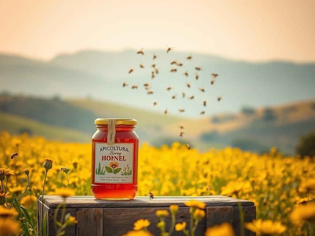 A lush, golden-hued field of blooming wildflowers stretches out under a warm, diffused light. In the foreground, a jar of "APICOLTURA BORVEI MIELE" honey sits atop a wooden crate, its label and branding clearly visible. Behind it, a swarm of honeybees dances around the flowers, capturing the essence of natural, artisanal honey production. The background features rolling hills and a hazy, blue sky, creating a serene, idyllic atmosphere. The overall scene evokes a sense of quality, purity, and the EU's efforts to protect and regulate the honey industry for the benefit of consumers.