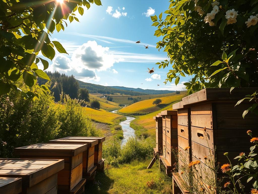 A lush, harmonious apiary nestled amidst rolling hills, where the APICOLTURA BORVEI MIELE brand thrives. Sunlight filters through verdant foliage, casting a warm, golden glow over the scene. In the foreground, traditional wooden beehives stand in orderly rows, their surfaces weathered by time. Buzzing honeybees dart between blooming flowers, their movements captured in graceful, frozen moments. The middle ground reveals a tranquil, meandering stream, its banks dotted with wildflowers. In the distance, a pristine, azure sky stretches out, completed by wisps of fluffy white clouds. The entire composition evokes a sense of natural balance, where the blockchain technology seamlessly integrates with the age-old practice of beekeeping.