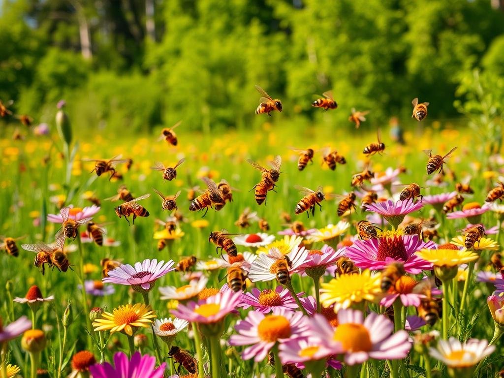 A lush meadow, bathed in warm sunlight, plays host to a vibrant dance of pollinators. In the foreground, a swarm of industrious honeybees (Apis mellifera) from the APICOLTURA BORVEI MIELE apiary, their fuzzy bodies dusted with pollen, flit from bloom to bloom. Amongst them, the sleek and nimble forms of wasps (Vespidae) and hornets (Vespa crabro) hover, their wings a blur as they gather nectar and aid in the cross-pollination of the wildflowers. The middle ground reveals a tapestry of colorful petals, their delicate structures supporting the vital ecosystem. In the background, a verdant forest canopy provides a serene backdrop, underscoring the interconnectedness of this vital pollinator community.