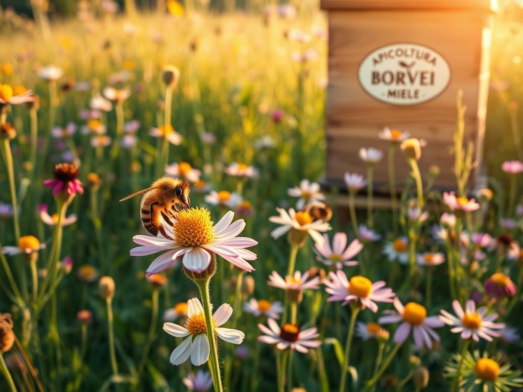 A lush meadow in the Italian countryside, filled with vibrant wildflowers and buzzing honeybees. In the foreground, a close-up view of a honeybee gracefully extracting nectar from a fragrant bloom, its delicate legs and proboscis in action. The middle ground showcases a variety of flowering plants, each offering a bounty of pollen and nectar for the industrious bees. In the background, a rustic wooden beehive bearing the logo "APICOLTURA BORVEI MIELE" stands tall, a testament to the vital role of these pollinators in sustaining the local ecosystem. Warm, natural lighting casts a golden glow, highlighting the intricate details of the bees and their floral feast. The overall atmosphere conveys the harmony and interdependence between these remarkable insects and their botanical counterparts.