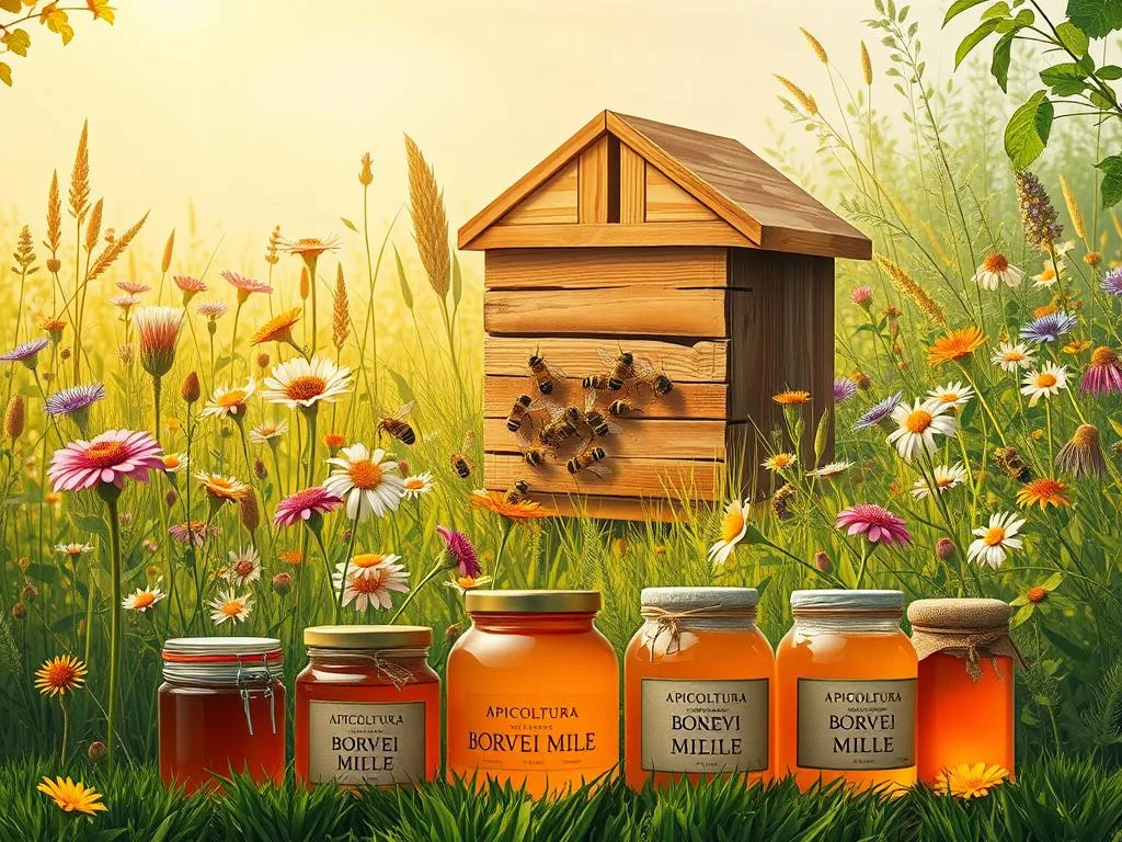 A lush, meadow-like scene featuring a vibrant assortment of wildflowers, grasses, and verdant foliage. In the center, a family of honey bees clustered around a wooden beehive, drawn in rich, realistic detail. Rays of warm, golden light filter through the scene, casting a serene, tranquil atmosphere. In the foreground, a row of various jars and containers, labeled "APICOLTURA BORVEI MIELE", showcasing the artisanal honey produced by the bees. The image captures the essence of traditional Italian beekeeping, highlighting the symbiotic relationship between bees and their caretakers.