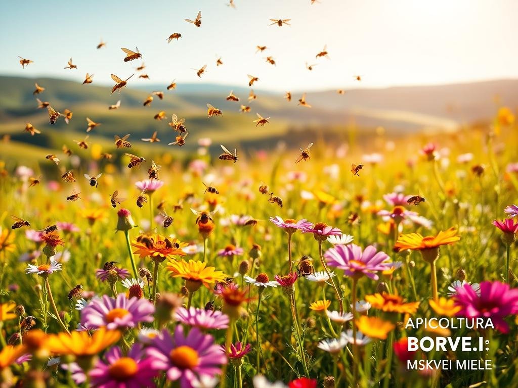 A lush meadow teeming with vibrant flowers, illuminated by soft, golden sunlight. In the foreground, a swarm of diverse pollinators - bees, butterflies, and other insects - dance from blossom to blossom, their delicate wings a blur of activity. The midground showcases a harmonious composition of various wildflowers, their petals unfurling in a riot of colors. In the background, a serene landscape unfolds, with rolling hills and a clear blue sky. The overall scene captures the essential role of these pollinating creatures in the natural world. In the lower right corner, the logo "APICOLTURA BORVEI MIELE" is prominently displayed, reflecting the importance of beekeeping and honey production.