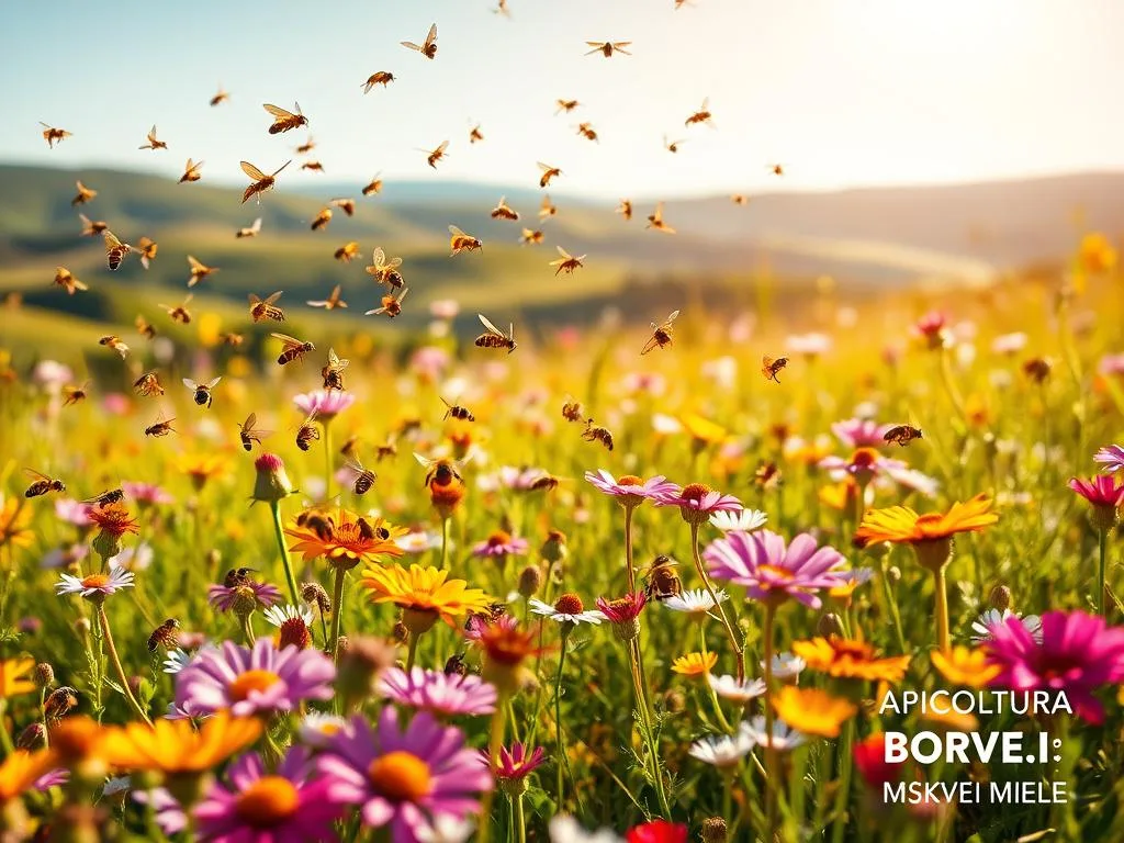 A lush meadow teeming with vibrant flowers, illuminated by soft, golden sunlight. In the foreground, a swarm of diverse pollinators - bees, butterflies, and other insects - dance from blossom to blossom, their delicate wings a blur of activity. The midground showcases a harmonious composition of various wildflowers, their petals unfurling in a riot of colors. In the background, a serene landscape unfolds, with rolling hills and a clear blue sky. The overall scene captures the essential role of these pollinating creatures in the natural world. In the lower right corner, the logo "APICOLTURA BORVEI MIELE" is prominently displayed, reflecting the importance of beekeeping and honey production.