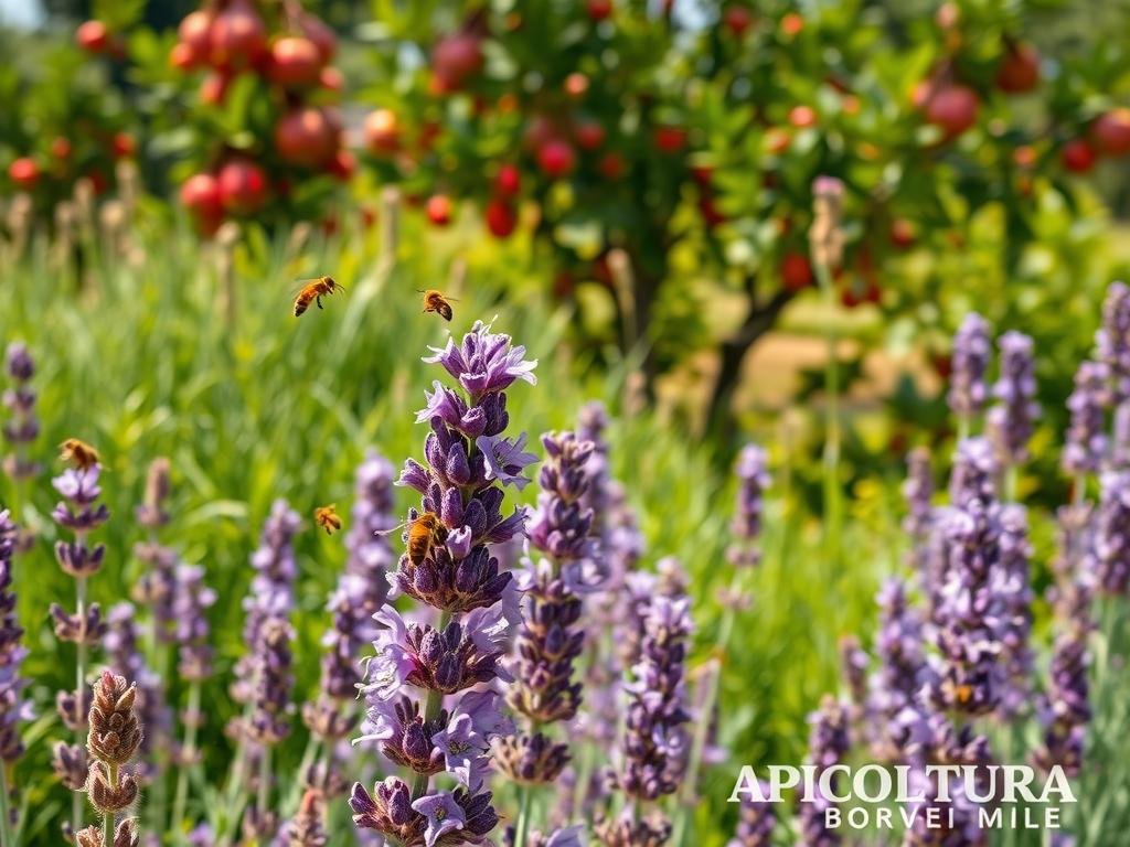 A lush, meticulously curated garden bursting with vibrant hues and the sweet nectar of rare, prized melliferous plants. In the foreground, a cluster of purple lavender flowers sway gently in the breeze, their delicate petals inviting a swarm of industrious honeybees. Beyond, a backdrop of verdant foliage sets the stage, punctuated by the bold crimson blossoms of a towering pomegranate tree. Soft, diffused sunlight filters through the scene, casting a warm, golden glow and imbuing the entire composition with a sense of tranquility and abundance. The text "APICOLTURA BORVEI MIELE" is discreetly displayed, a testament to the high-quality honey produced from this flourishing, bee-friendly oasis.