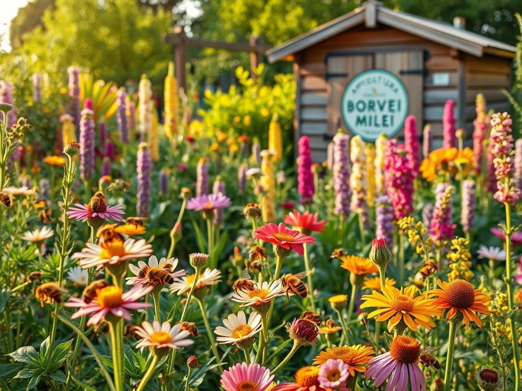 A lush, meticulously tended garden filled with vibrant, nectar-rich plants. In the foreground, a variety of buzzing honeybees pollinate delicate flowers, their wings a blur. The midground showcases an array of rare, specialty melliferous plants, their colors and textures in harmony. In the background, a rustic wooden shed with the logo "APICOLTURA BORVEI MIELE" stands, hinting at the high-quality honey produced on-site. The scene is bathed in warm, golden afternoon light, casting a serene, inviting atmosphere. The overall composition captures the essence of cultivating a thriving, bee-friendly garden.