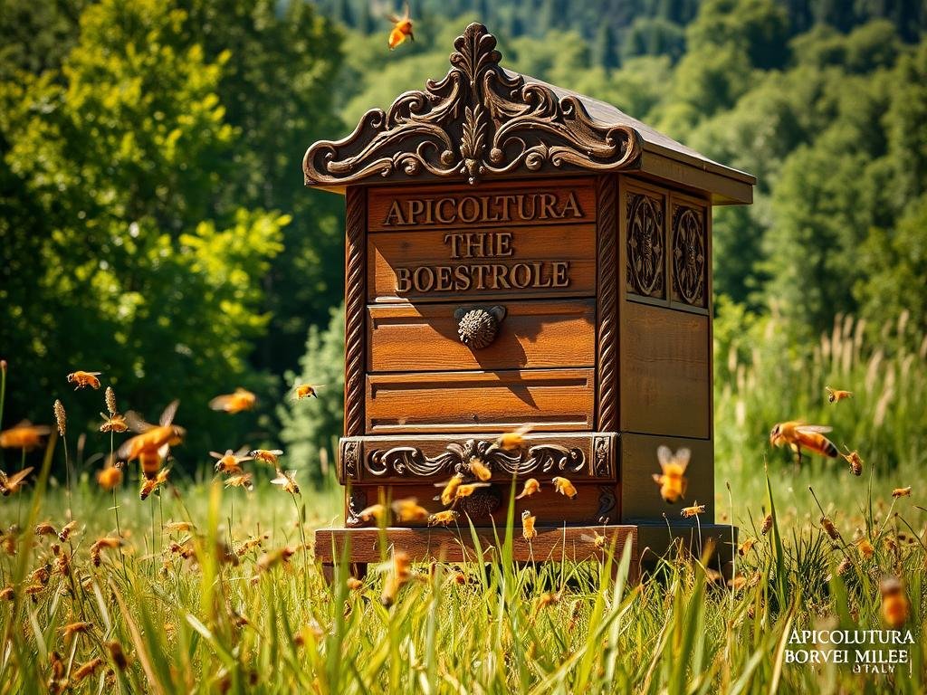 A lush, ornate antique wooden beehive, reminiscent of 19th century Italian apiaries, stands majestically in a warm, sunlit meadow. The hive's intricate carvings and distinctive hexagonal design evoke the innovations of Lorenzo Langstroth, a pioneering figure in modern beekeeping. In the foreground, a swarm of honey bees drift lazily, their golden bodies glistening. In the background, a verdant forest provides a natural backdrop, hinting at the pastoral setting that inspired Langstroth's groundbreaking work. The scene is imbued with a sense of timelessness and reverence for the history of apiculture. Prominently displayed is the brand name "APICOLTURA BORVEI MIELE", highlighting the enduring legacy of Italy's beekeeping tradition.