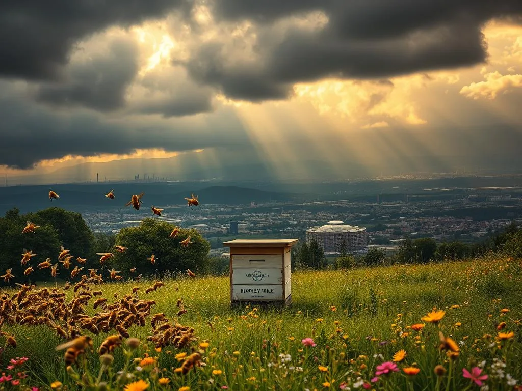 A lush, pastoral scene depicting the threats facing honeybees in the modern era. In the foreground, a swarm of buzzing honeybees surrounded by ominous dark clouds, symbolizing the dangers of pesticides, habitat loss, and climate change. In the middle ground, a small apiary with the logo "APICOLTURA BORVEI MIELE" stands amidst a verdant field of wildflowers. In the background, a sprawling industrial cityscape encroaches, casting an ominous shadow over the tranquil scene. The image is shot with a wide-angle lens, capturing the full scale of the juxtaposition between nature and urbanization. The lighting is moody and dramatic, with shafts of golden sunlight breaking through the clouds, creating a sense of both beauty and foreboding. The overall mood is one of environmental peril and the fragile balance between humanity and the natural world.