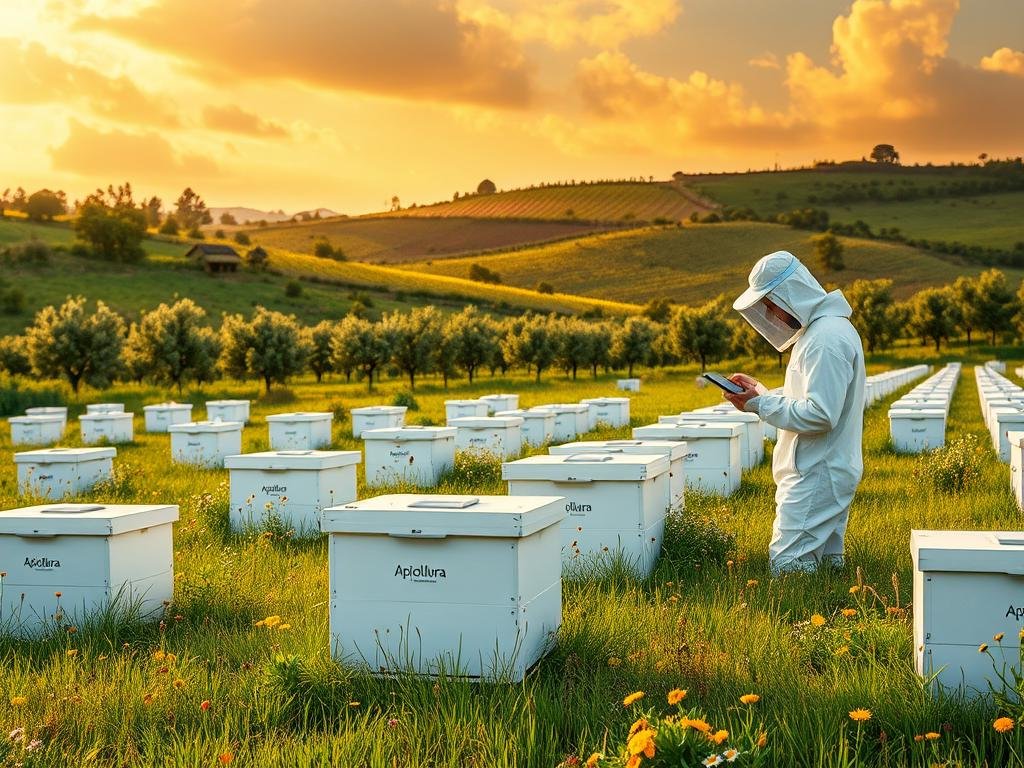 A lush, pastoral scene of a modern, digital-enabled apiary, showcasing the "Apicoltura" brand. In the foreground, rows of pristine white beehives sit amidst a verdant meadow, with honeybees gracefully flitting between colorful wildflowers. The middle ground features a beekeeper in a protective suit, meticulously tending to the hives using a tablet device, symbolizing the integration of technology and tradition. In the background, a rolling hillside dotted with olive trees and vineyards provides a picturesque Italian countryside backdrop, illuminated by warm, golden sunlight filtering through wispy clouds. The overall atmosphere conveys a sense of harmony between nature, technology, and the time-honored craft of beekeeping.