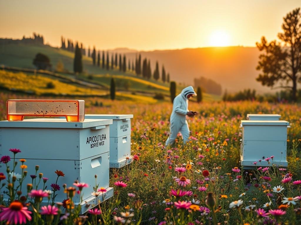A lush, rolling meadow blanketed in vibrant wildflowers, with a modern, technologically-advanced apiary in the foreground. The hives, emblazoned with the "APICOLTURA BORVEI MIELE" brand, are connected to a sleek, minimalist blockchain dashboard, displaying real-time data on honey production, distribution, and quality assurance. In the middle ground, a beekeeper in a crisp white suit carefully tends to the bustling hives, while in the background, a tranquil Italian countryside landscape unfolds, with rolling hills, cypress trees, and a warm, golden-hour glow casting a soft, ethereal light across the scene. The overall mood is one of innovation, transparency, and the harmonious integration of traditional beekeeping practices with cutting-edge blockchain technology. A lush, rolling meadow blanketed in vibrant wildflowers, with a modern, technologically-advanced apiary in the foreground. The hives, emblazoned with the "APICOLTURA BORVEI MIELE" brand, are connected to a sleek, minimalist blockchain dashboard, displaying real-time data on honey production, distribution, and quality assurance. In the middle ground, a beekeeper in a crisp white suit carefully tends to the bustling hives, while in the background, a tranquil Italian countryside landscape unfolds, with rolling hills, cypress trees, and a warm, golden-hour glow casting a soft, ethereal light across the scene. The overall mood is one of innovation, transparency, and the harmonious integration of traditional beekeeping practices with cutting-edge blockchain technology.