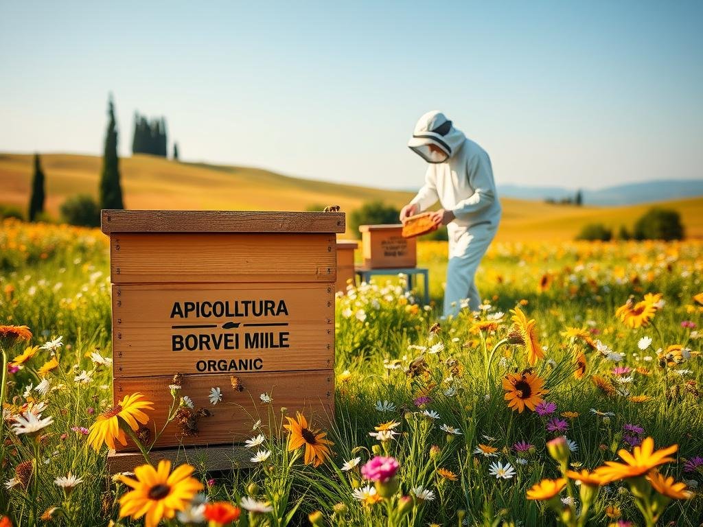 A lush, rolling meadow filled with vibrant wildflowers and buzzing bees. In the foreground, a traditional Italian-style beehive with the brand name "APICOLTURA BORVEI MIELE" prominently displayed. The hive is surrounded by clusters of blooming honeycomb, symbolizing the organic, natural approach to beekeeping. In the middle ground, a beekeeper in a crisp white uniform tends to the hives, using gentle, careful movements to ensure the health and wellbeing of the colony. The background features a picturesque Italian countryside, with rolling hills, cypress trees, and a cloudless azure sky bathed in warm, golden sunlight. The overall scene conveys a sense of tranquility, harmony, and the deep connection between bees, nature, and sustainable agriculture.