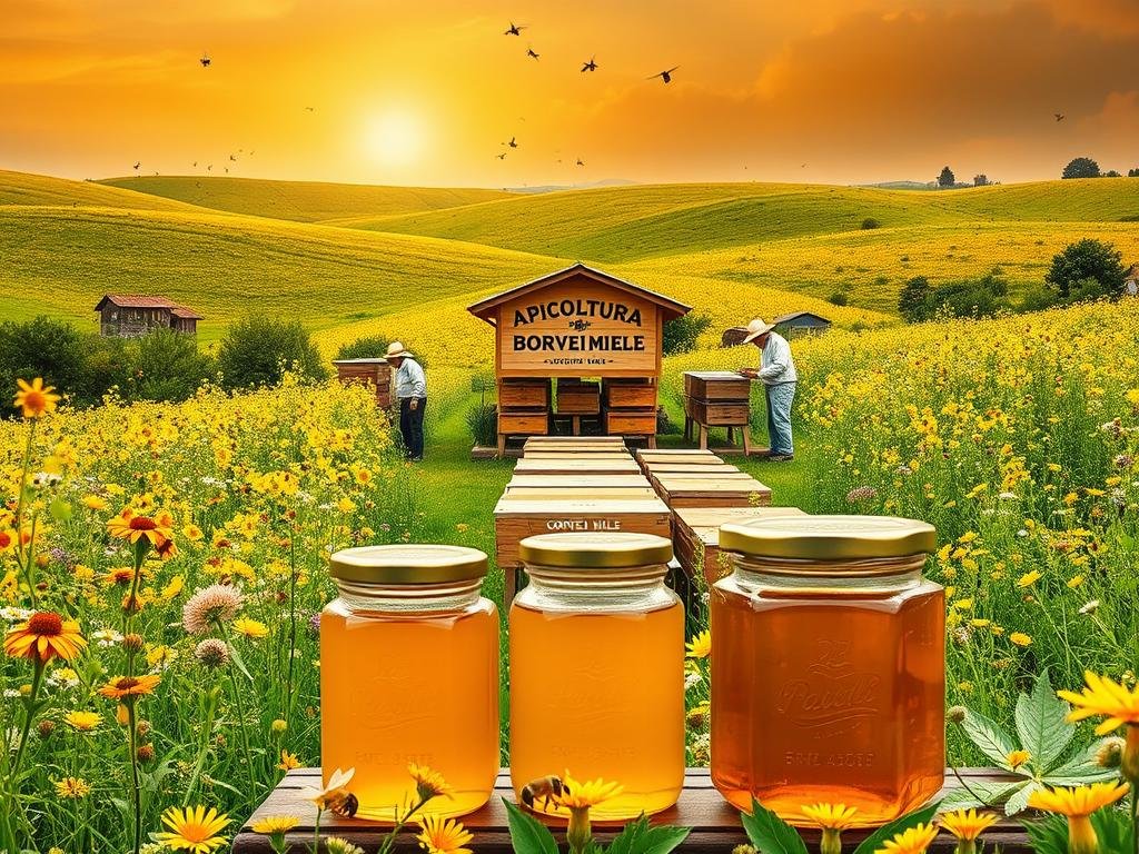 A lush, rolling meadow filled with vibrant wildflowers and buzzing honeybees, under a warm, golden-hued sky. In the center, a traditional Italian apiary, the "APICOLTURA BORVEI MIELE" brand proudly displayed, surrounded by rows of wooden hives. Beekeepers tend to the hives, checking the honeycomb and monitoring the activity. In the foreground, glass jars of golden, rich honey are arranged, evoking the fruits of their labor. The scene conveys a sense of harmony between nature, tradition, and the dedicated craft of honey production.