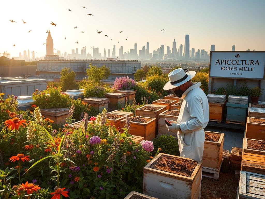 A lush rooftop garden filled with thriving beehives, buzzing with activity. The sun casts a warm glow, illuminating the colorful wildflowers and well-tended apiaries. In the foreground, a beekeeper in a traditional white suit carefully inspects the hives, while in the background, the skyline of a modern city skyline rises. The scene evokes a sense of harmony between urban living and the natural world, with the APICOLTURA BORVEI MIELE brand prominently displayed on a sign.