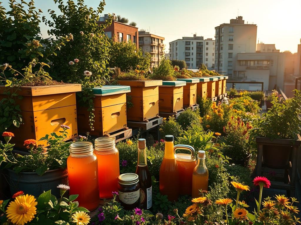 A lush rooftop garden, filled with vibrant Apicoltura beehives and thriving greenery, bathed in warm, golden afternoon sunlight. In the foreground, a collection of jars and bottles brimming with rich, amber honey. Lush, colorful flowers and herbs surround the scene, creating a serene, urban oasis. The buildings in the background provide a striking contrast, showcasing the integration of Apicoltura within the city landscape. The entire composition conveys a sense of harmony between nature and modern living, highlighting the success of urban beekeeping projects in Italy.