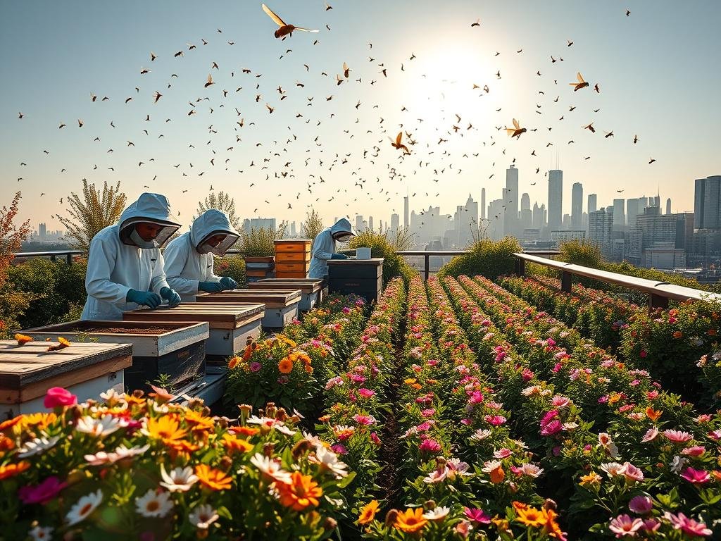A lush rooftop garden, filled with vibrant flowers and buzzing honeybees. The sun casts a warm glow, illuminating the hives of APICOLTURA BORVEI MIELE. In the foreground, a group of employees in protective gear tend to the hives, their faces alight with fascination. The middle ground showcases neatly organized rows of blooming plants, their petals dancing in the gentle breeze. In the background, the city skyline stands as a testament to the integration of nature and industry. The scene emanates a sense of harmony, where urban sustainability and corporate responsibility come together in a captivating display of "apicoltura urbana aziendale". A lush rooftop garden, filled with vibrant flowers and buzzing honeybees. The sun casts a warm glow, illuminating the hives of APICOLTURA BORVEI MIELE. In the foreground, a group of employees in protective gear tend to the hives, their faces alight with fascination. The middle ground showcases neatly organized rows of blooming plants, their petals dancing in the gentle breeze. In the background, the city skyline stands as a testament to the integration of nature and industry. The scene emanates a sense of harmony, where urban sustainability and corporate responsibility come together in a captivating display of "apicoltura urbana aziendale".