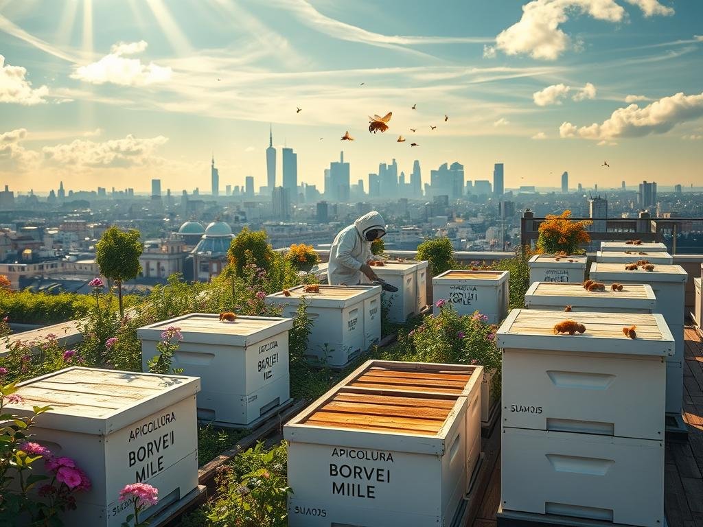 A lush rooftop garden, verdant with flowering plants and buzzing with the gentle hum of honeybees. In the foreground, a series of sleek, modern beehives emblazoned with the "APICOLTURA BORVEI MIELE" brand name. Sunlight filters through wispy clouds, casting a warm, golden glow over the scene. In the middle ground, a beekeeper in full protective gear tends to the hives, their movements careful and focused. The background reveals the skyline of a bustling city, a testament to the growing trend of urban apiaries. The overall atmosphere is one of harmony and sustainability, capturing the essence of "apicoltura urbana" and the vital role these pollinators play in the urban ecosystem.