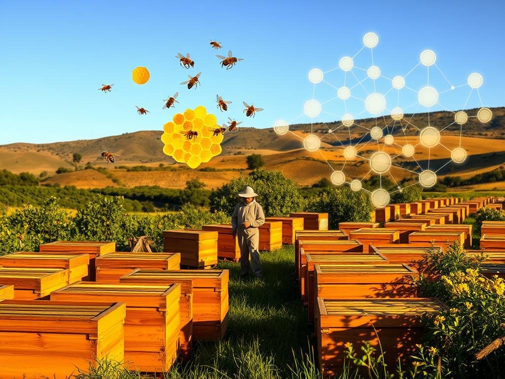A lush, rustic apiary set against a backdrop of rolling hills and a clear blue sky. The foreground features an array of Apicoltura beehives, their wooden frames and intricate hexagonal patterns illuminated by warm, golden lighting. In the middle ground, a beekeeper in traditional attire tends to the hives, their movements graceful and purposeful. Glowing honeycomb structures and swirling clusters of bees hover in the air, hinting at the busy, productive activity within. In the background, a sleek, futuristic blockchain visualization emerges, its dynamic nodes and interconnected pathways symbolizing the integration of cutting-edge technology with the timeless art of beekeeping.