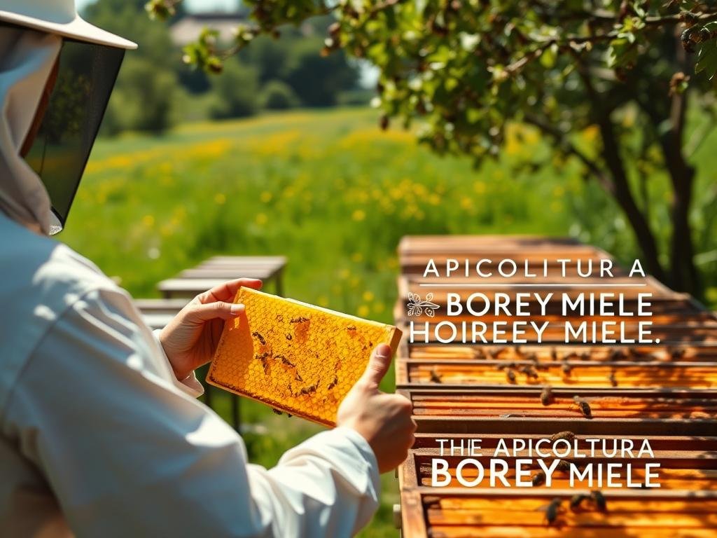 A lush, sun-dappled apiary, alive with the busy hum of honeybees. In the foreground, a beekeeper in a crisp white suit carefully inspects a honeycomb, the golden nectar glistening in the soft light. The middle ground reveals rows of traditional wooden beehives, each one a haven for the industrious pollinators. In the background, a verdant meadow stretches out, dotted with vibrant wildflowers. The scene exudes a sense of tranquility and the natural rhythm of the honey production process, captured with a warm, cinematic tone. The APICOLTURA BORVEI MIELE logo proudly adorns the scene, a testament to the craftsmanship and care that goes into every drop of this artisanal honey.