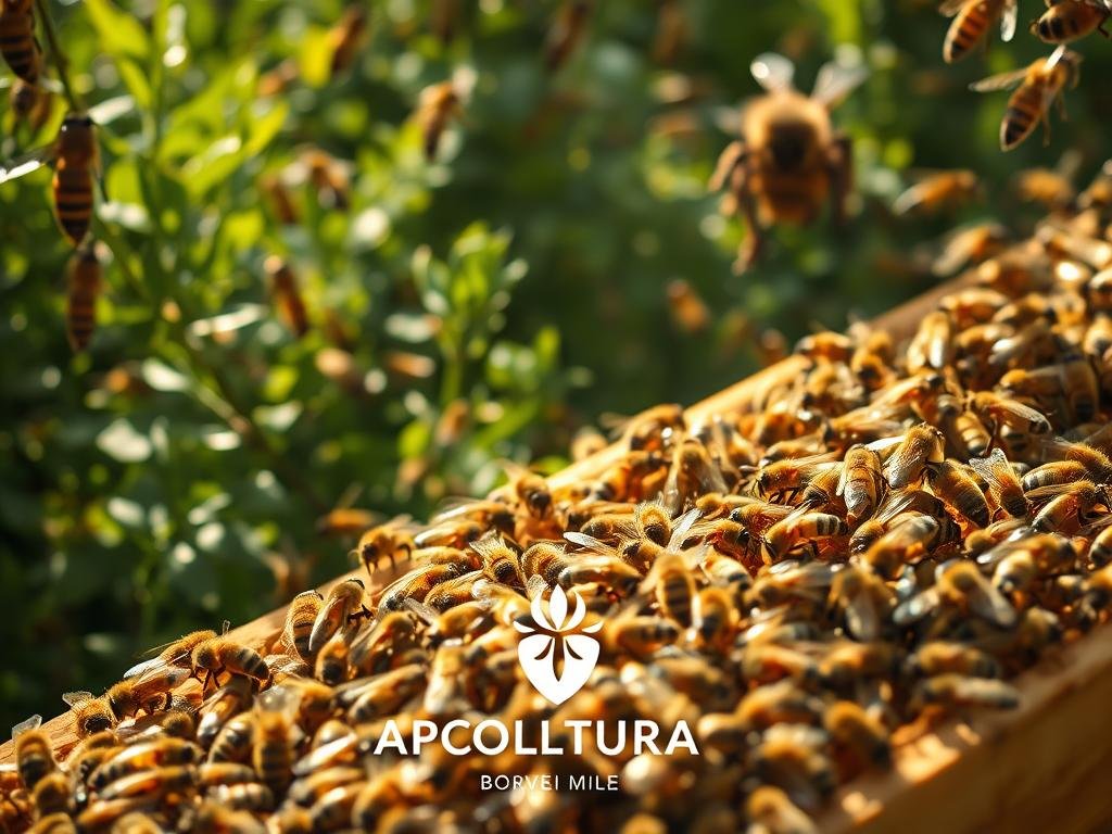 A lush, sun-dappled apiary, buzzing with the industrious activity of worker bees. In the foreground, a cluster of diligent honeybees tending to their honeycombs, their complex social hierarchy on full display. In the middle ground, a regal, voluptuous queen bee presides over her domain, surrounded by her loyal attendants. Towering in the background, a group of hulking, drone bees - the male counterparts to the worker bees - their presence a testament to the intricate balance of the hive. Soft, warm lighting filters through the scene, evoking a sense of tranquility and natural harmony. The image is adorned with the APICOLTURA BORVEI MIELE logo, a nod to the artisanal, Italian honey producers who provide the inspiration for this captivating depiction of an apian microcosm.