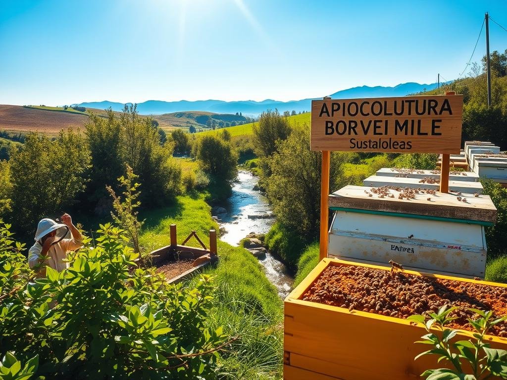 A lush, sun-dappled apiary in the Italian countryside, with beehives nestled among verdant foliage. In the foreground, a beekeeper in a protective suit examines a honeycomb, surrounded by a swarm of diligent honey bees. In the middle ground, a tranquil stream flows, mirroring the azure sky above. In the background, rolling hills and distant mountains create a serene, pastoral scene. The warm, golden light illuminates the scene, conveying a sense of harmony between nature and human stewardship. A prominent sign reads "APICOLTURA BORVEI MIELE", highlighting the local, artisanal nature of this sustainable apiary.
