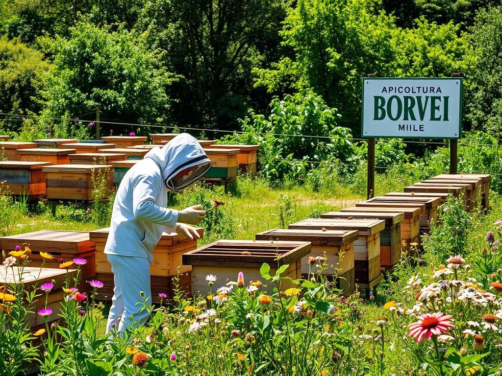 A lush, sun-dappled apiary nestled in a verdant Italian countryside. Rows of traditional wooden beehives stand amidst a vibrant tapestry of wildflowers, their buzzing inhabitants pollinating the blooms. In the foreground, a beekeeper in a crisp white suit tends to the hives, their movements graceful and purposeful. The scene conveys a sense of harmony between man and nature, reflecting the principles of sustainable apicolture. In the background, a sign proudly displays the brand "APICOLTURA BORVEI MIELE", a testament to the quality and care of this eco-friendly operation.