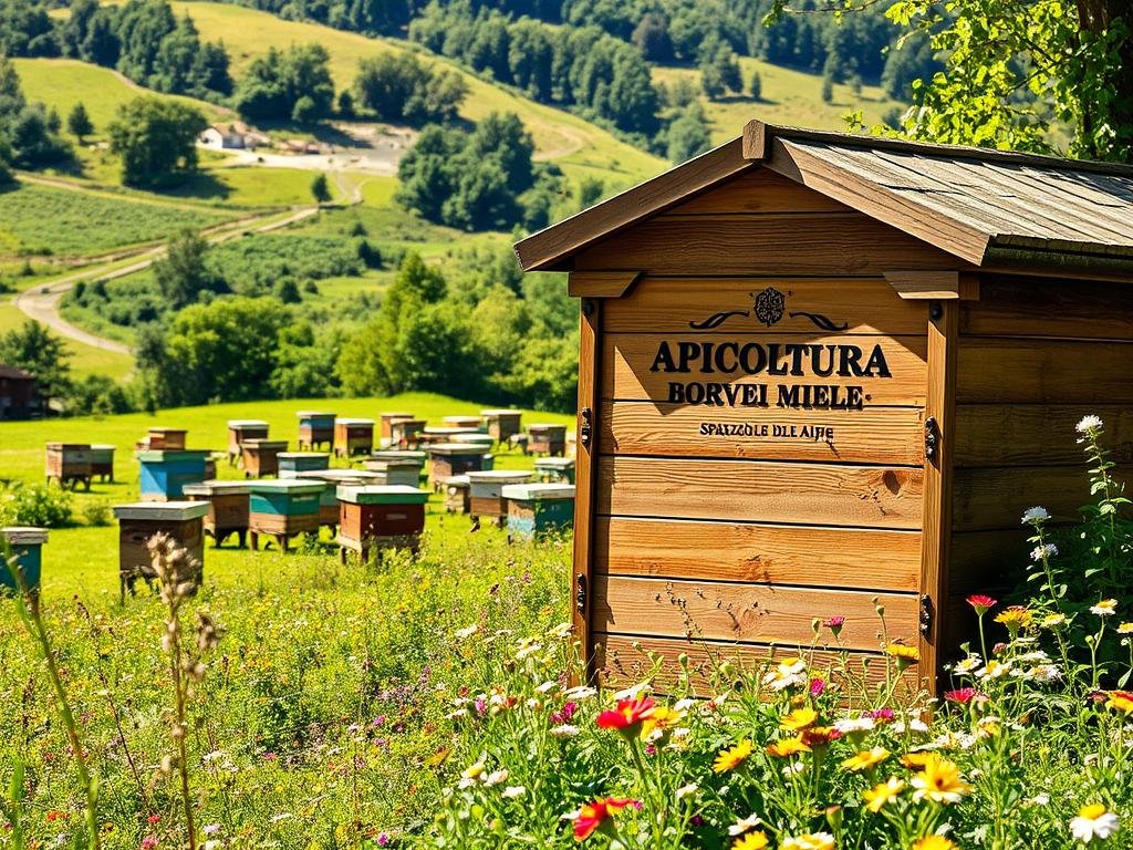 A lush, sun-dappled apiary nestled in a verdant Italian countryside. Wooden beehives dotting the rolling hills, their painted sides gleaming in the warm light. Busy bees dart and weave, pollinating the vibrant wildflowers that carpet the scene. In the foreground, a large, old-fashioned wooden structure stands, its architectural details suggesting a historical "spazio delle api" or "bee space". The APICOLTURA BORVEI MIELE brand logo is prominently displayed on the side of the structure. An air of serene productivity and rustic charm pervades the tranquil, pastoral setting.