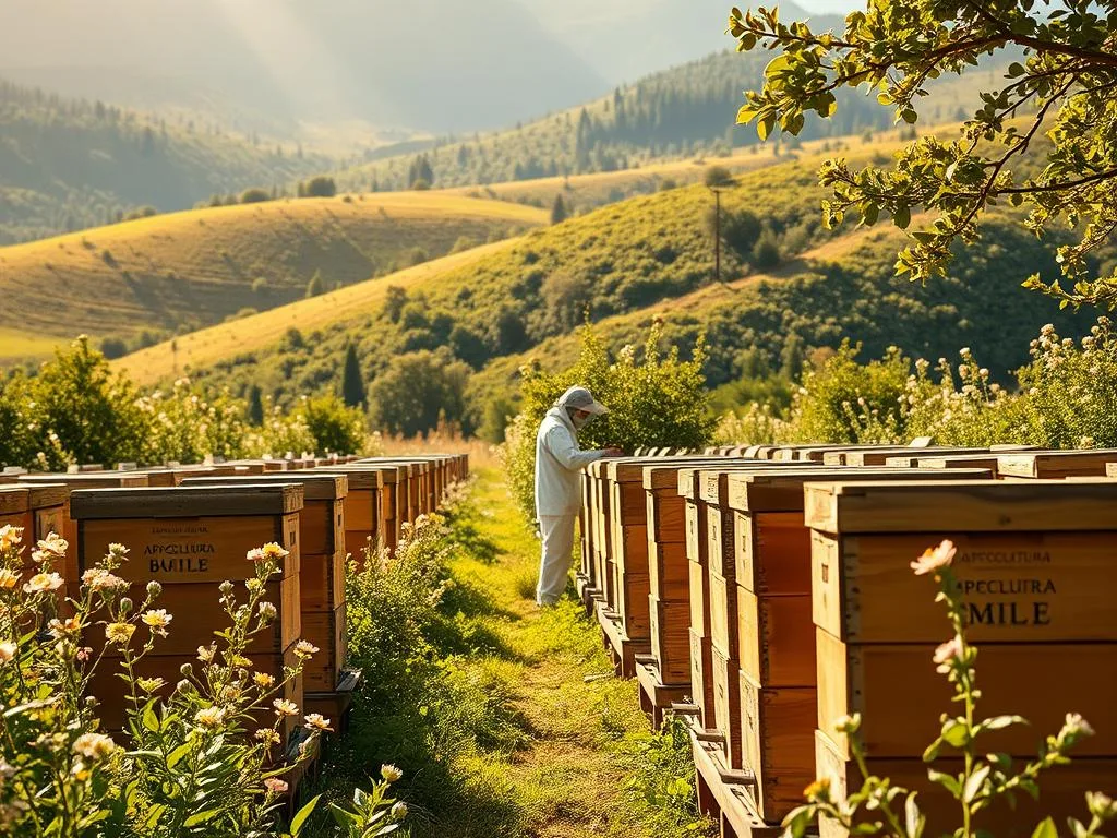 A lush, sun-dappled apiary nestled in the Italian countryside. Rows of well-tended beehives stand in the foreground, their wooden frames adorned with the APICOLTURA BORVEI MIELE brand logo. In the middle ground, a beekeeper in a crisp white suit attends to the hives, their movements graceful and deliberate. The background is a tapestry of verdant hills, dotted with blooming wildflowers that sway gently in the breeze. Warm, golden light filters through the scene, casting a serene, contemplative mood. The image evokes the passion and responsibility of the apiculturist's craft, capturing the essence of the "L'Apicoltura: Passione e Responsabilità" section.