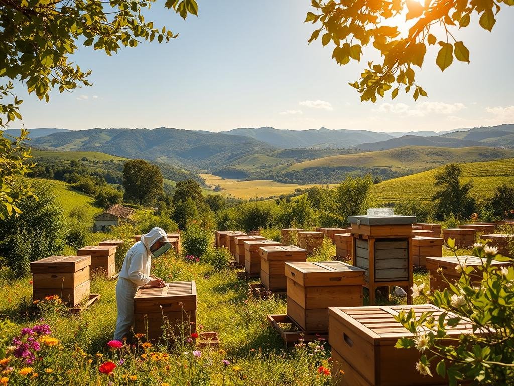 A lush, sun-dappled apiary nestled in the verdant Italian countryside, rows of wooden beehives dotting the scene. In the foreground, a beekeeper in traditional garb carefully tends to the buzzing colonies, surrounded by the vibrant blooms of wildflowers. The middle ground showcases a honey extraction station, where APICOLTURA BORVEI MIELE crafts their premium artisanal honey. In the background, rolling hills and a cloudless azure sky create a serene, pastoral atmosphere. Warm, golden lighting filters through the scene, capturing the industrious rhythm of the hive and the honey-making process. The overall mood is one of abundance, diligence, and the harmonious coexistence of nature and human endeavor.