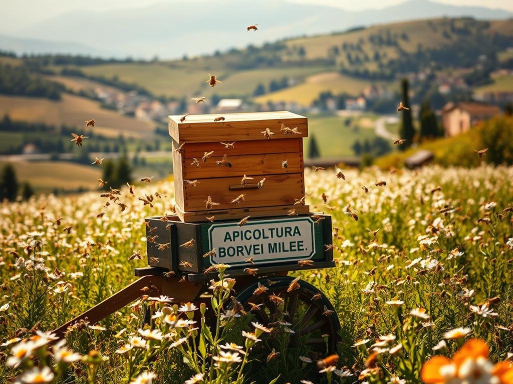 A lush, sun-dappled field of blooming flowers, with a wooden cart in the foreground carrying a beehive adorned with the label "APICOLTURA BORVEI MIELE". Surrounding the cart, a swarm of industrious honeybees flutter in the gentle breeze, their golden bodies gleaming. In the background, a picturesque Italian countryside unfolds, with rolling hills, winding roads, and a quaint village in the distance. The scene is bathed in a warm, golden light, evoking a sense of tranquility and the peaceful coexistence of nature and human activity. The overall composition captures the essence of safe and responsible bee transport, in line with the article's subject and section title.