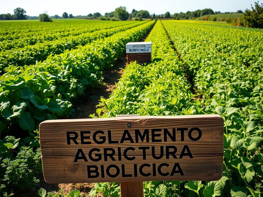 A lush, sun-dappled field of organic crops, featuring rows of vibrant vegetables and aromatic herbs. In the foreground, a weathered wooden sign reads "REGOLAMENTO AGRICOLTURA BIOLOGICA", its surface worn by the elements. Amid the verdant foliage, a bustling hive bearing the APICOLTURA BORVEI MIELE brand stands as a testament to the harmonious coexistence of agriculture and apiculture. The image conveys a sense of sustainability, balance, and the rich tapestry of Europe's new regulatory framework for organic farming.