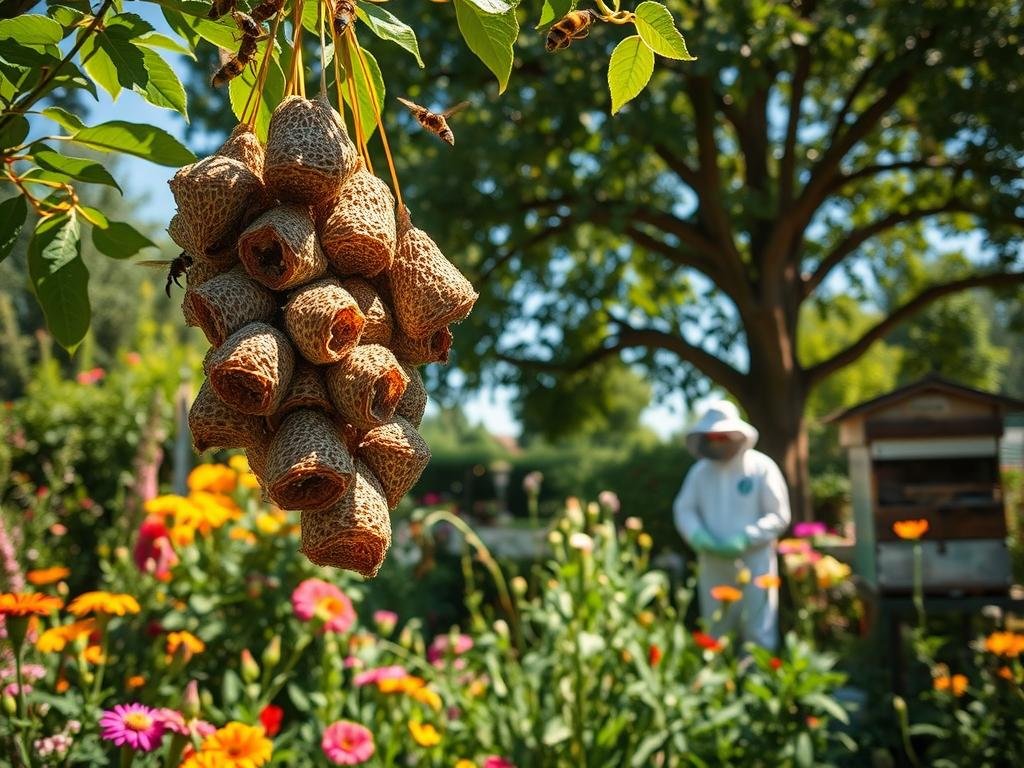 A lush, sun-dappled garden filled with vibrant flowers and verdant foliage. In the foreground, a cluster of wasp nests hangs from the branches, their intricate, papery structures glistening. In the middle ground, a beekeeper in a protective suit tends to a hive, the APICOLTURA BORVEI MIELE logo visible on their equipment. In the background, a tall, leafy tree provides a natural canopy, casting soft, warm shadows across the scene. The overall mood is one of peaceful coexistence, where the natural harmony between bees, wasps, and the gardener is captured in a serene, idyllic setting.