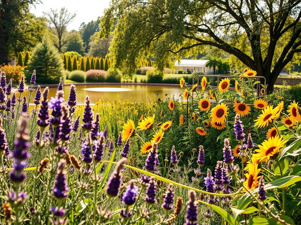 A lush, sun-dappled garden teeming with nectar-rich blooms, the vibrant colors of Apicoltura's melliferous plants creating a verdant oasis. In the foreground, a mix of lavender, rosemary, and thyme sway gently in a soft breeze. At the middle, an array of cheerful sunflowers and fragrant honeysuckle vines climb trellises, attracting a swarm of busy honeybees. In the background, a serene pond reflects the canopy of mature fruit trees, their blossoms inviting pollinators to visit. Warm, golden lighting filters through the foliage, evoking a soothing, welcoming atmosphere perfect for the thriving apian community.