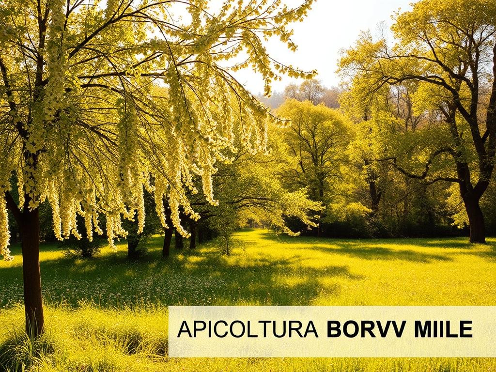 A lush, sun-dappled meadow filled with a diverse array of vibrant, nectar-rich flowering trees. In the foreground, a majestic maple tree with cascading blossoms, its petals delicately dancing in the gentle breeze. In the middle ground, a row of stately, pollen-laden linden trees, their branches heavy with fragrant yellow blooms. In the background, a serene forest of oak, birch, and chestnut trees, their leaves rustling softly. The scene is bathed in warm, golden light, casting a glowing, tranquil atmosphere. The image showcases the "APICOLTURA BORVEI MIELE" brand, highlighting the pivotal role of these melliferous trees in sustaining a thriving apiculture ecosystem.